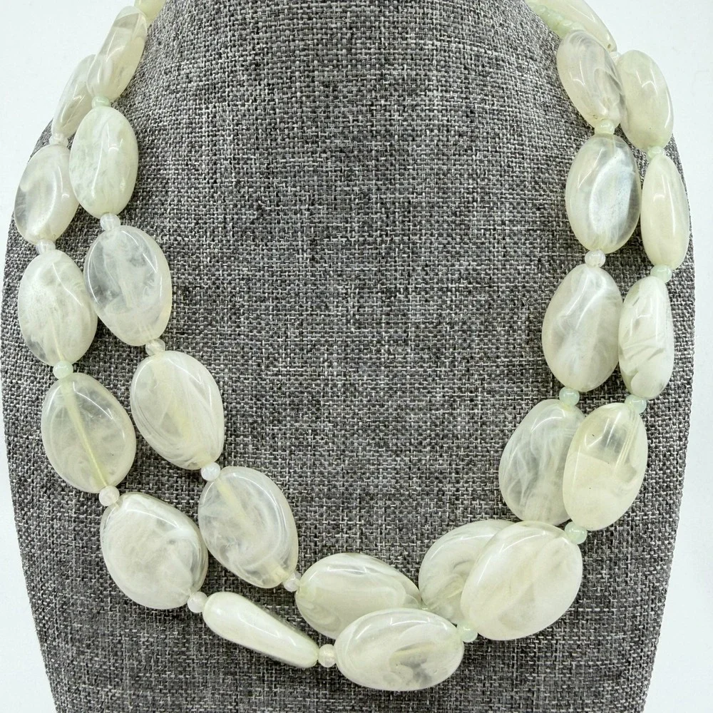 Pale Green Translucent Marbled Bead Double Strand Necklace Statement Jewelry